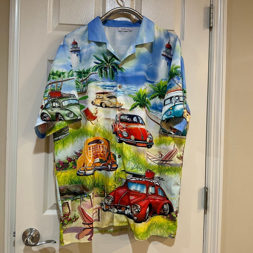 Hawalili Mens XL Tropical Beach VW Beetle Graphic‎ Button Up Camp Shirt Blue